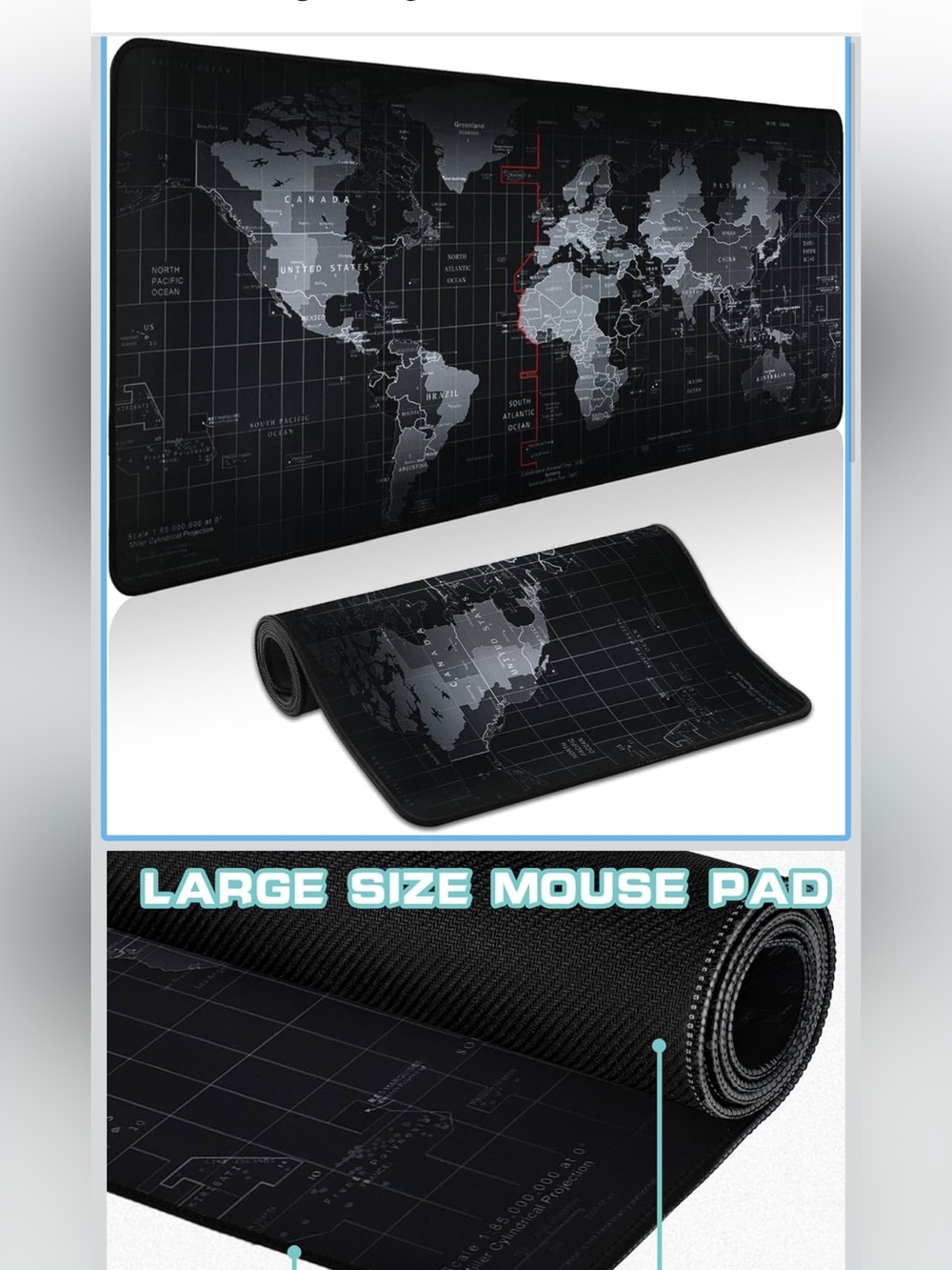 Black World Map Large Mouse Pad - Slim Desk Mat